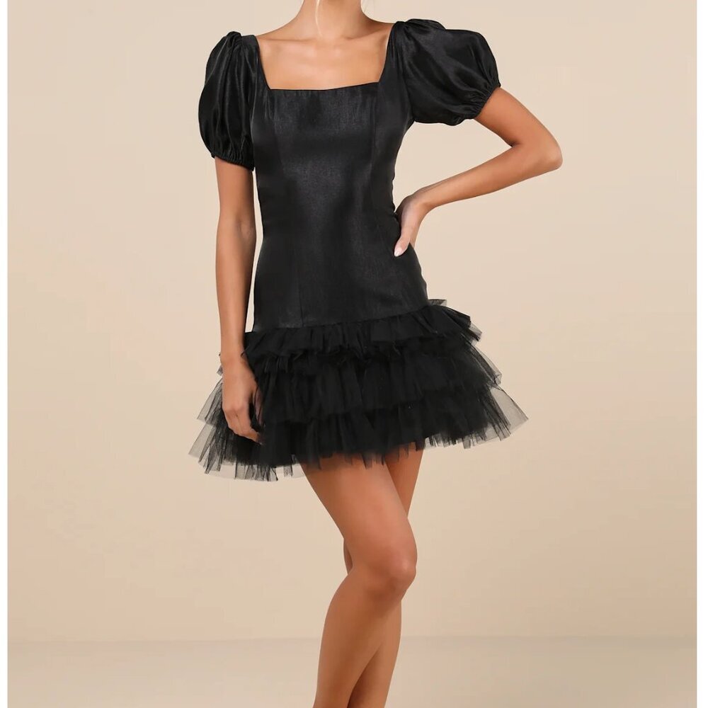 Lulus Notably Fabulous Black Taffeta Tiered Puff Sleeve Mini Dress - Size XS - Picture 1 of 5